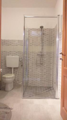 a bathroom with a toilet and a shower with a glass door at La Vigna del Parroco-2- in Serralunga d'Alba