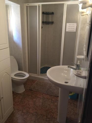 ein Bad mit einem WC, einem Waschbecken und einer Dusche in der Unterkunft Tabernas in Tabernas