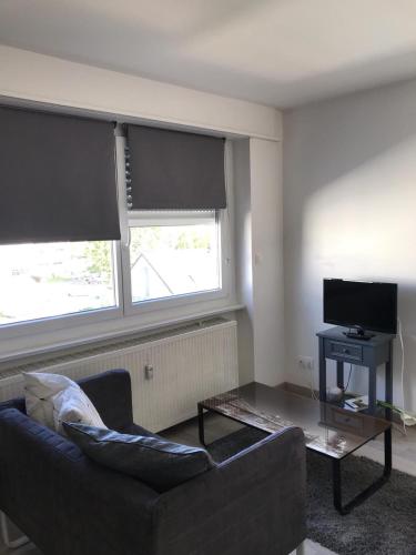 un salon avec un canapé et deux fenêtres dans l'établissement Beau Studio M Euroairport Basel-Freiburg, à Saint-Louis