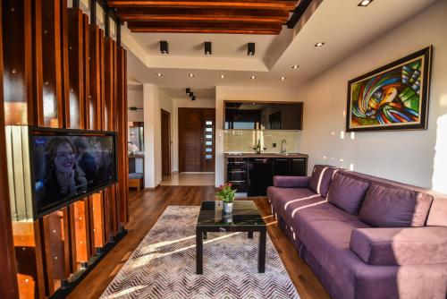 a living room with a purple couch and a tv at Giardino Lux Apartments in Ulcinj