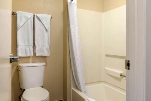 a bathroom with a toilet and a bath tub with towels at Comfort Inn Columbia Gorge in The Dalles