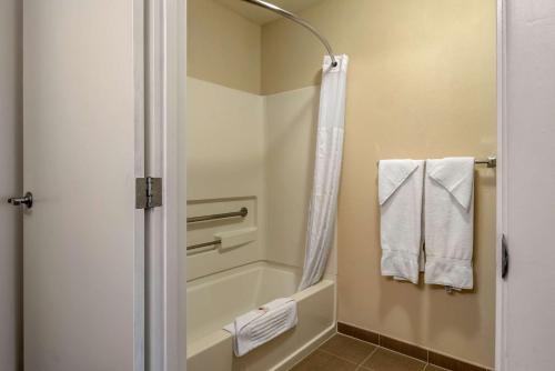 La salle de bains est pourvue d'une baignoire, d'une douche et de serviettes. dans l'établissement Comfort Inn Columbia Gorge, à The Dalles