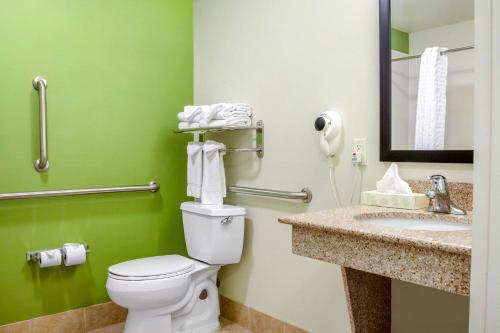 a bathroom with a toilet and a sink and a mirror at Sleep Inn & Suites Airport Milwaukee in Milwaukee