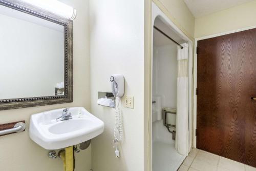 a bathroom with a sink and a mirror and a shower at Quality Inn & Suites North Lima - Boardman in North Lima