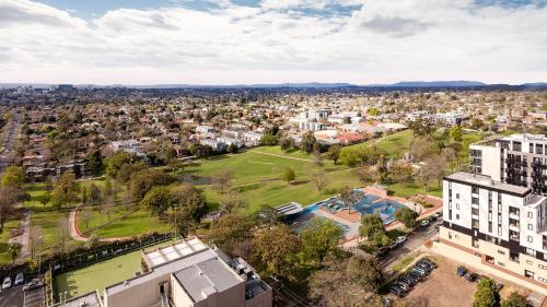 an aerial view of a city with buildings at Avani Melbourne Box Hill Residences in Box Hill