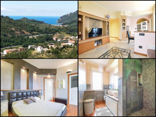 un collage de cuatro fotos de un dormitorio y un baño en The sea from the hills, en Casarza Ligure
