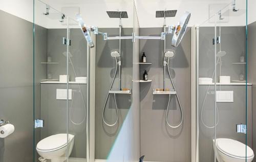 uma casa de banho com 2 WC e um chuveiro com portas de vidro em Ferienwohnung Bad Aussee em Bad Aussee
