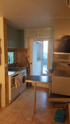 une cuisine avec un évier et une machine à laver dans l'établissement Petit coin de paradis, à La Croix-Valmer