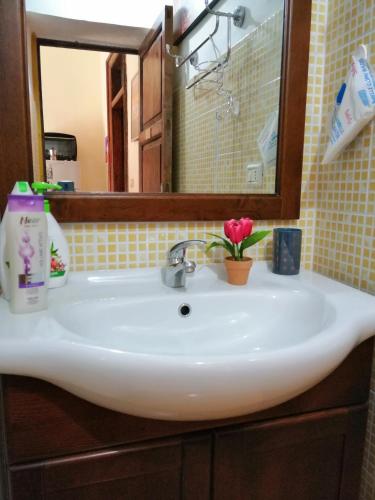 a white sink in a bathroom with a mirror at La casa del corso in Aragona