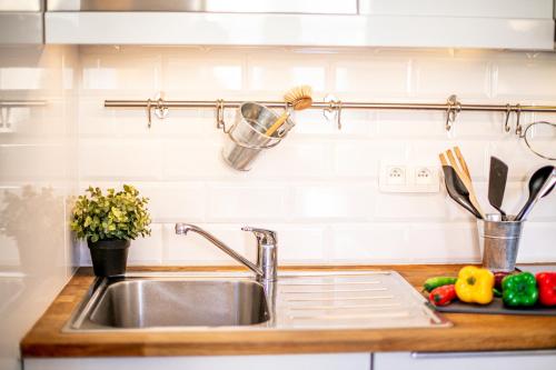 - un évier de cuisine avec des légumes et des ustensiles sur un comptoir dans l'établissement Palais l'Escurial AP4069 by Riviera Holiday Homes, à Nice