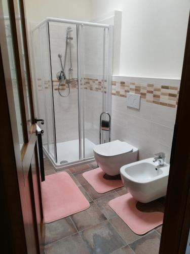 a bathroom with a shower and a toilet and a sink at LA MONTADARIA in Zavattarello