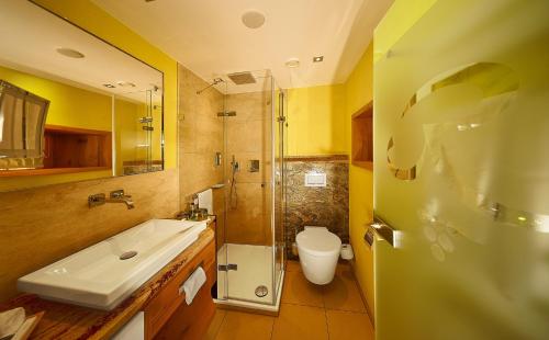 a bathroom with a sink and a toilet and a shower at Hotel Rebstock Durbach in Durbach