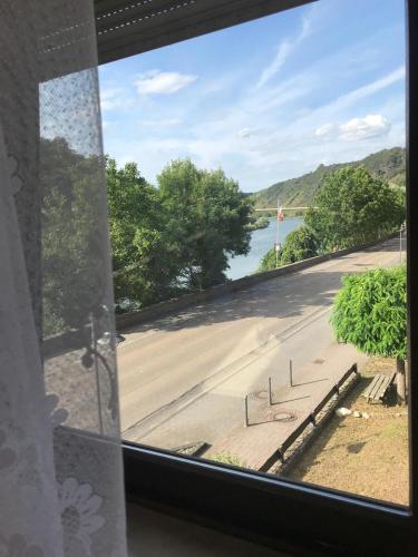 a view from a window of a road and a lake at Ferienwohnung Niederfell - An der Mosel in Niederfell