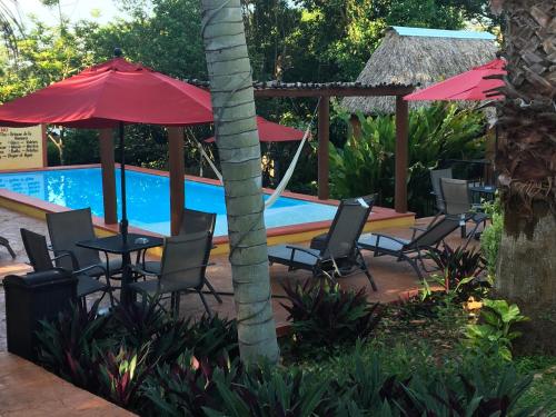 a patio with tables and chairs and a swimming pool at The Pickled Onion Eco-Boutique B&B in Santa Elena