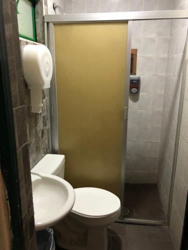 a bathroom with a toilet and a sink and a shower at Hotel María Elena in Durango