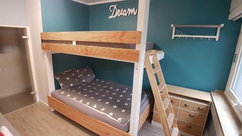 ein Schlafzimmer mit einem Etagenbett mit einer Leiter und einem Etagenbett in der Unterkunft Apartment Weinsberg in Köln
