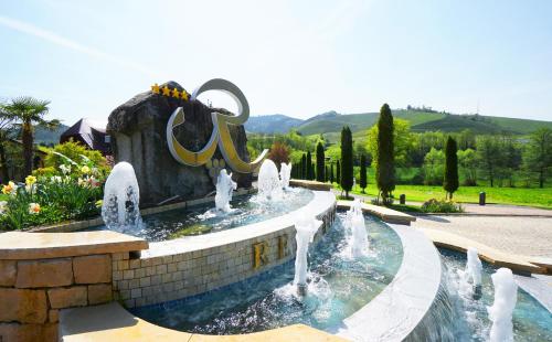 einen Brunnen in einem Park mit Springbrunnen in der Unterkunft Hotel Rebstock Durbach in Durbach