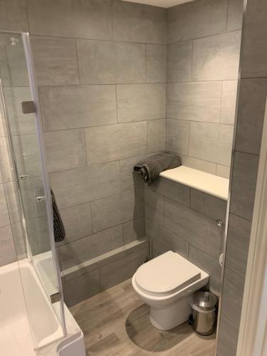 a small bathroom with a toilet and a shower at Fornham Guest House in Chertsey