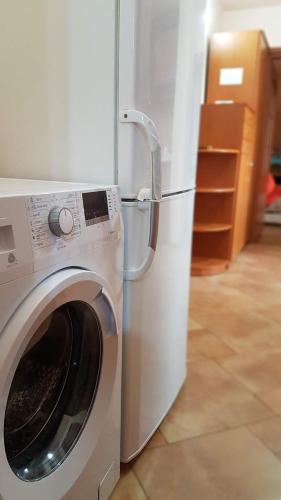 a washing machine sitting next to a refrigerator at Apartament Ema Baile Felix in Baile Felix