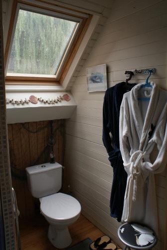 a small bathroom with a toilet and a window at Chambre d'hôtes Élevage' chemin noir in Verlinghem