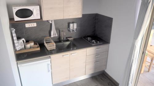 a kitchen with a sink and a microwave at Fare noanoa in Mariuti