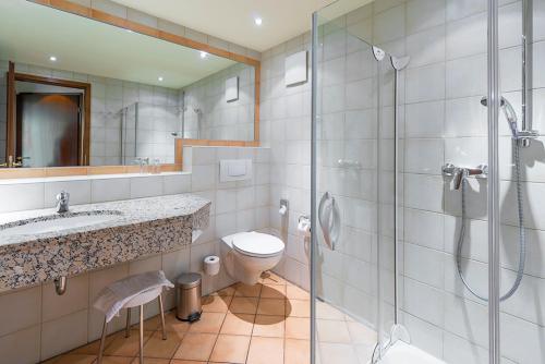 a bathroom with a shower and a toilet and a sink at Hotel Domschenke in Billerbeck