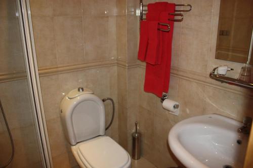 a bathroom with a toilet and a sink and red towels at Stephen Center B&B in Tirana