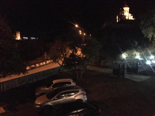 two cars parked in a parking lot at night at Guesthouse AlpenRose in Mestia