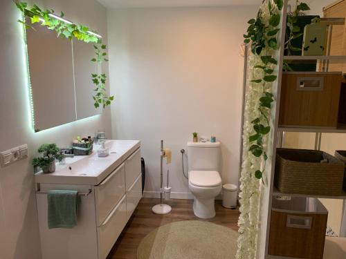 a bathroom with a toilet and a sink and a mirror at Céntrico ,Moderno y confortable Apartament in Almería