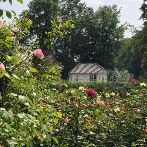 a garden with flowers and a small house in the background at Het Witte Kasteel in Loon op Zand