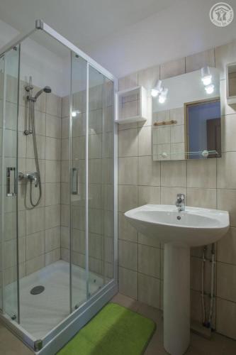 uma casa de banho com um lavatório e uma cabina de duche em vidro. em Gîtes de la Bresse em Saint-Georges-des-Hurtières