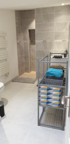 a bathroom with a shower and a rack with towels at Le Solençon de 1 à 4 pers - Hypercentre in Cognac
