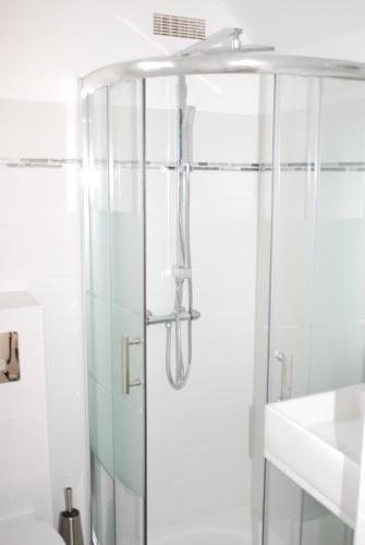 La salle de bains est pourvue d'une douche et d'un lavabo. dans l'établissement Studio le Sterne, à Perros-Guirec