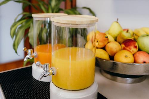 a blender filled with orange juice next to a bowl of fruit at Albergo Ristorante Belvedere in Tricesimo