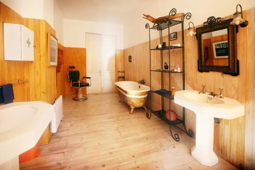 une salle de bain avec deux lavabos et une baignoire et une baignoire dans l'établissement La Maison du Pont Vieux, à Cazilhac