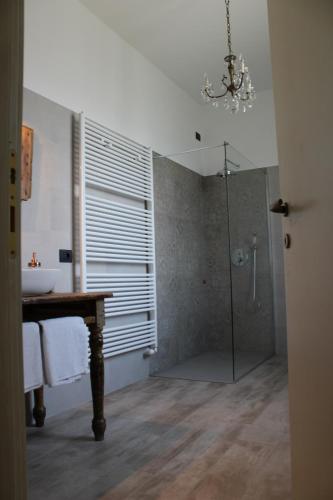 a bathroom with a shower and a sink and a table at AGRITURISMO LE ZORLESCHE in Camisano