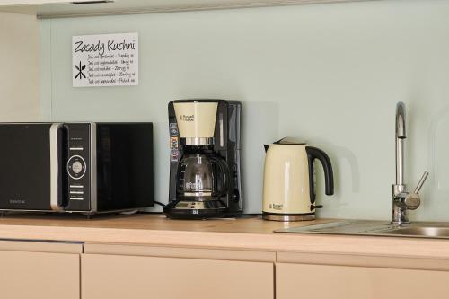 a kitchen counter with a coffee maker and a coffeemaker at Willa Asia in Sromowce Niżne