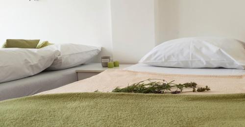 two beds with white pillows and a green blanket at Apartment Marko in Trebinje