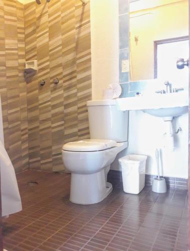 a bathroom with a toilet and a sink at Hotel Arrecife Huatulco Plus in Santa Cruz Huatulco