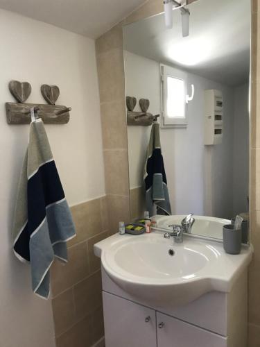 une salle de bain avec un lavabo blanc et un miroir dans l'établissement Suite luxe vue sur piscine et parc, à Miramas