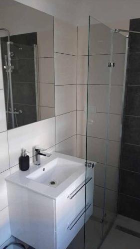 a bathroom with a sink and a glass shower at Studio Fibra Metrio in Rybnik