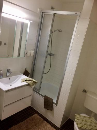 a bathroom with a shower and a sink at Wohnung Tornblick in Borkum