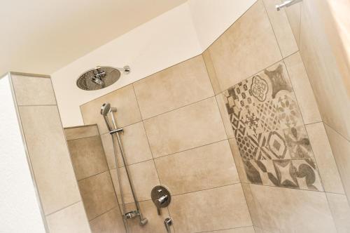 a shower with a glass door with a shower head at apart-wolf-arlberg in Warth am Arlberg