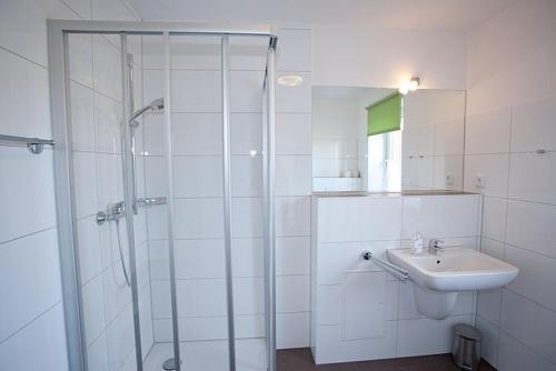 a white bathroom with a shower and a sink at Haus Dreischläfer in Dreschvitz