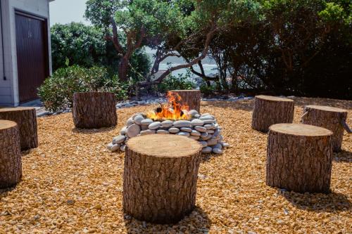 a fire pit in a yard with logs and trees at Oceanfront bungalow 3 br/2 ba, Wifi Fireplace: Guppy Huys in De Kelders