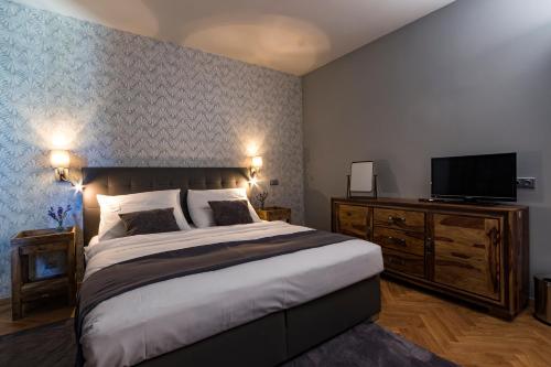 a bedroom with a large bed and a flat screen tv at Areal Botanika in Unhošť