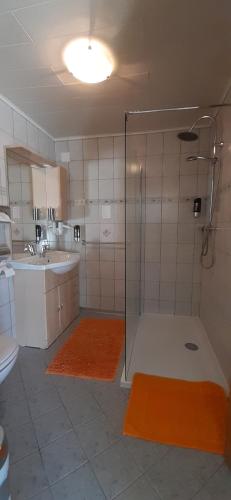 a bathroom with a shower and a sink and a toilet at Gasthof Klug zum Ehrensepp in Modriach