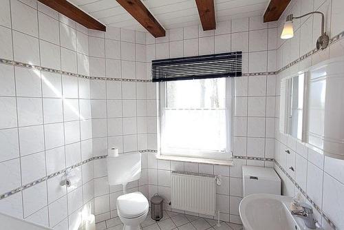 a white bathroom with a toilet and a sink at Haus Fünfschläfer in Dreschvitz