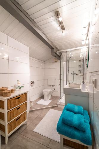 a bathroom with a sink and a toilet and a shower at Ferienwohnung EVA in Seekirchen am Wallersee
