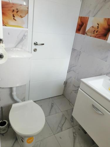 a white bathroom with a toilet and a sink at Apartman EDEN No 1 in Teslić